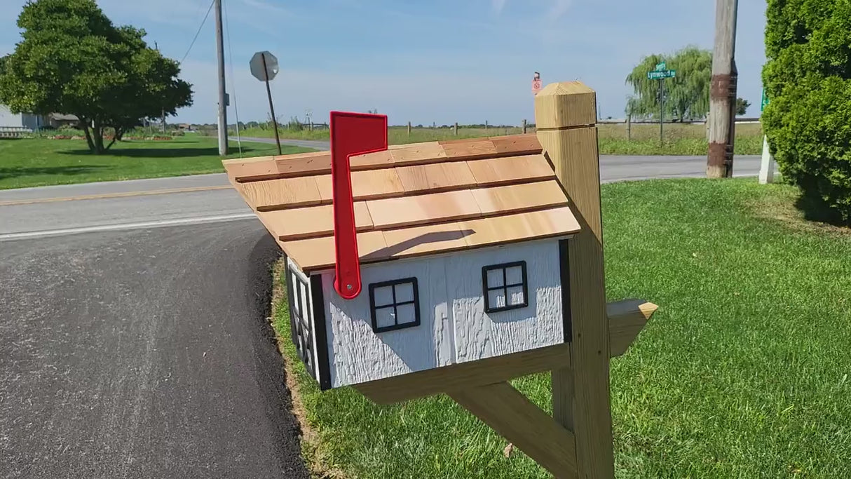 White Mailbox Amish Handmade - Barn Style - Wooden - Tall Prominent Sturdy Flag - With Cedar Shake Shingles Roof