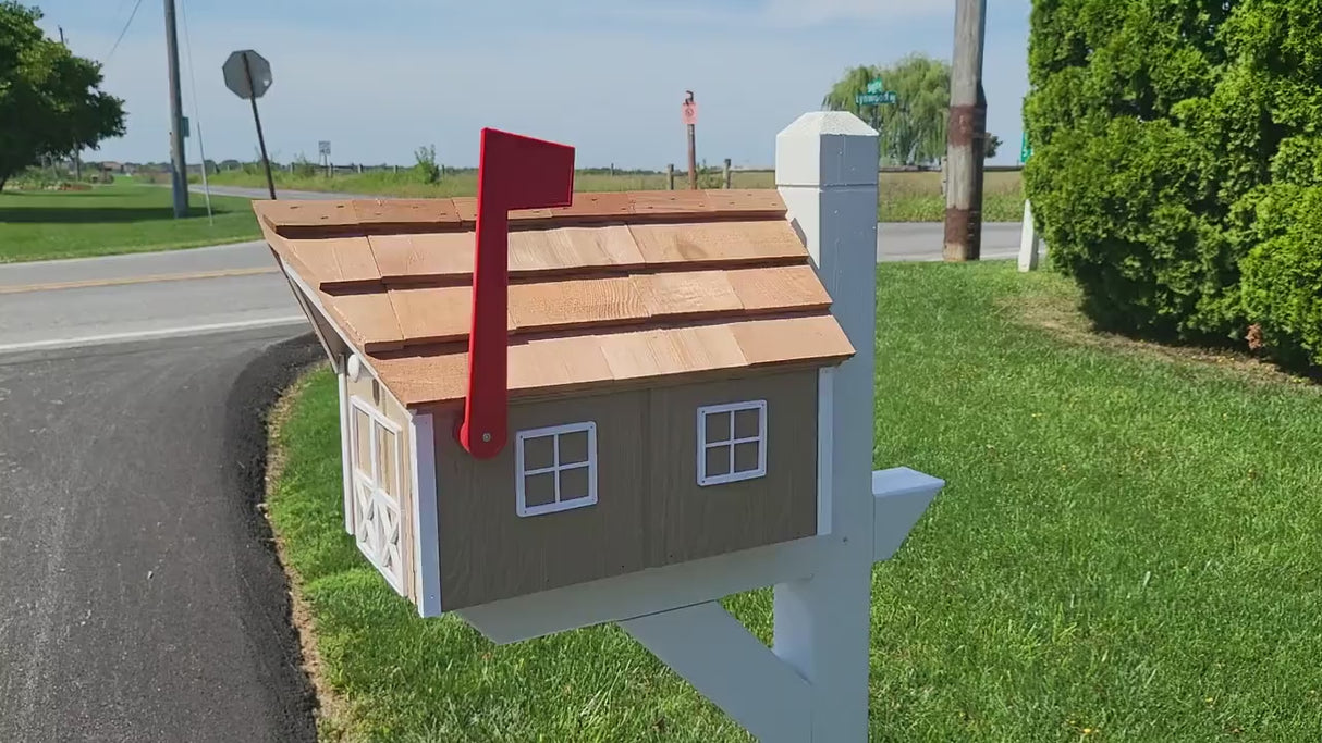Handmade Mailbox - Wooden - Clay - Amish - Barn Style - Tall Prominent Flag - With Cedar Shake Shingles Roof - Large - Detailed - Mailbox
