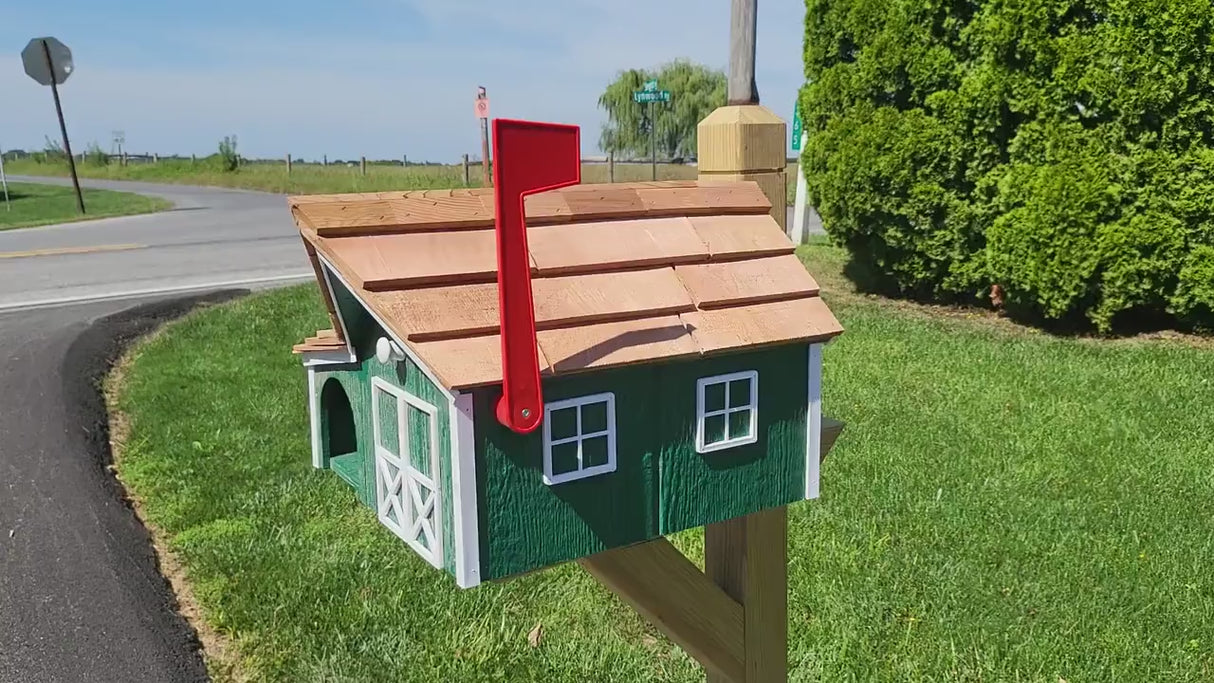 Amish Mailbox with Newspaper Holder, Handmade Wooden Barn Style Mailbox With Cedar Shake Roof and a Tall Prominent Sturdy Flag