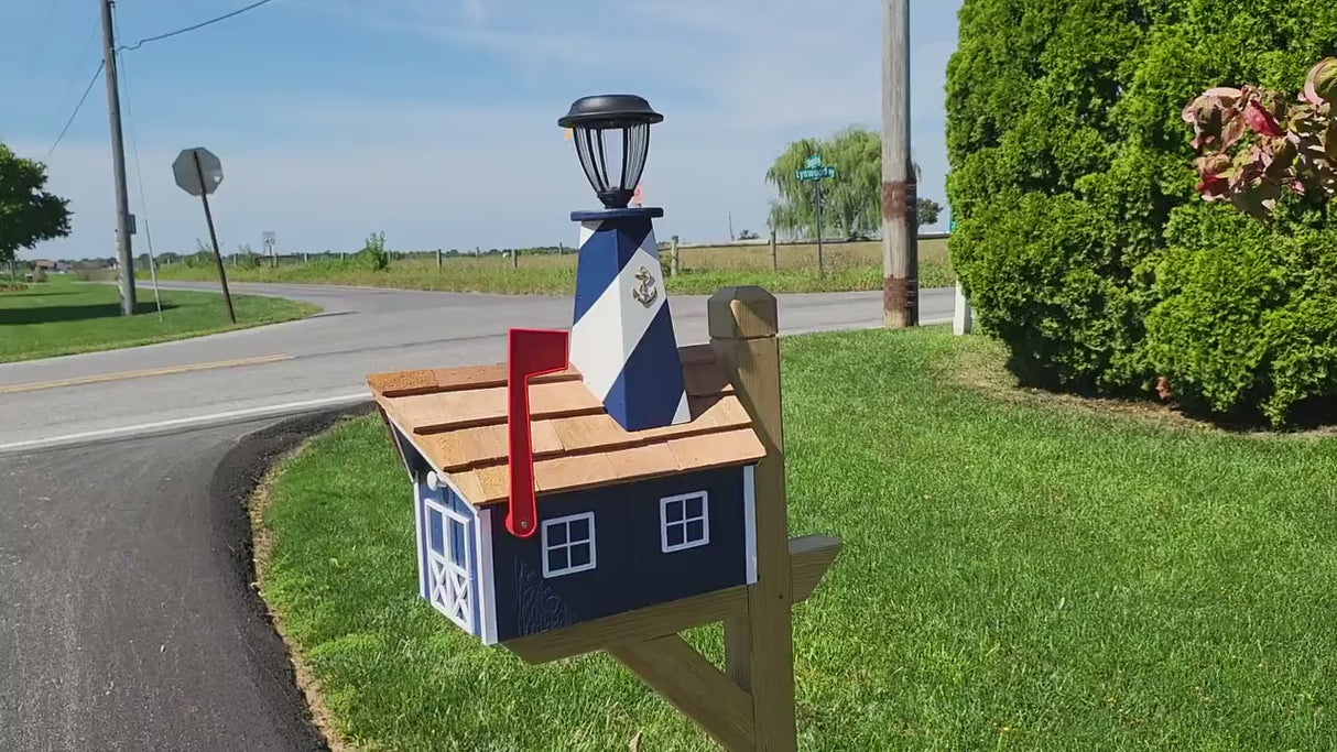 Amish Mailbox - Handmade - With Solar Lighthouse - Wooden - With Cedar Shake Shingles Roof - Color Options