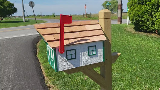 Amish Mailbox White - Handmade - Barn Style - Wooden - Tall Prominent Sturdy Flag -  With Cedar Shake Shingles Roof