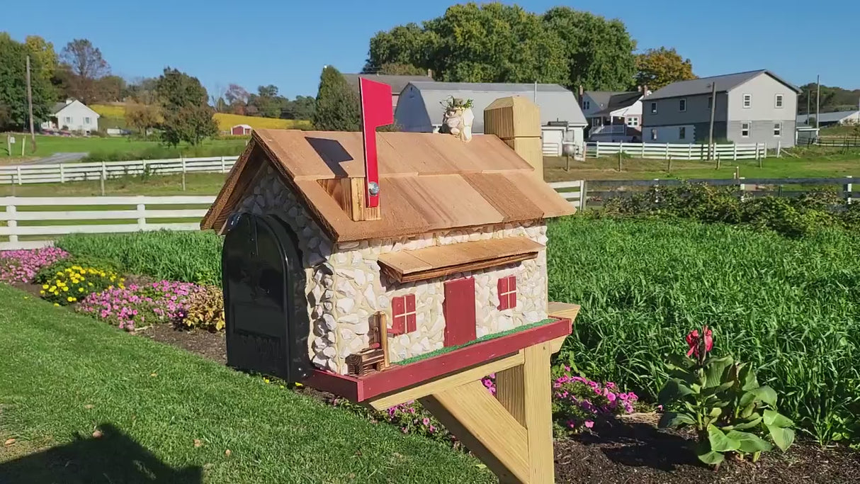 Amish Made Mailbox, White Stone House With Cedar Shake Roof and USPS Approved Metal Insert, Red Trim