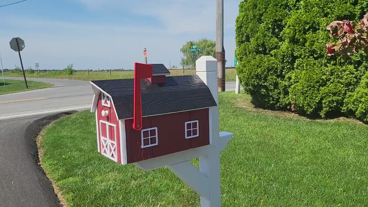 Barn Mailbox Amish Handmade, Dutch Barn Style, Free Shipping, Choose Your Color, Wooden Amish Mailbox With Red Flag Black Roof