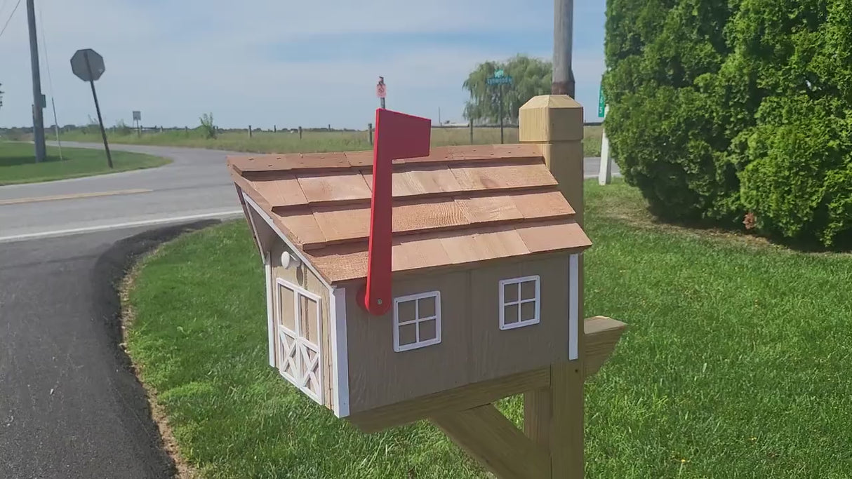 Barn Mailbox - Handmade - Wooden - Rustic - Clay - Amish - With a Tall Prominent Sturdy Flag -  Rural - Cedar - Mailbox - on - post