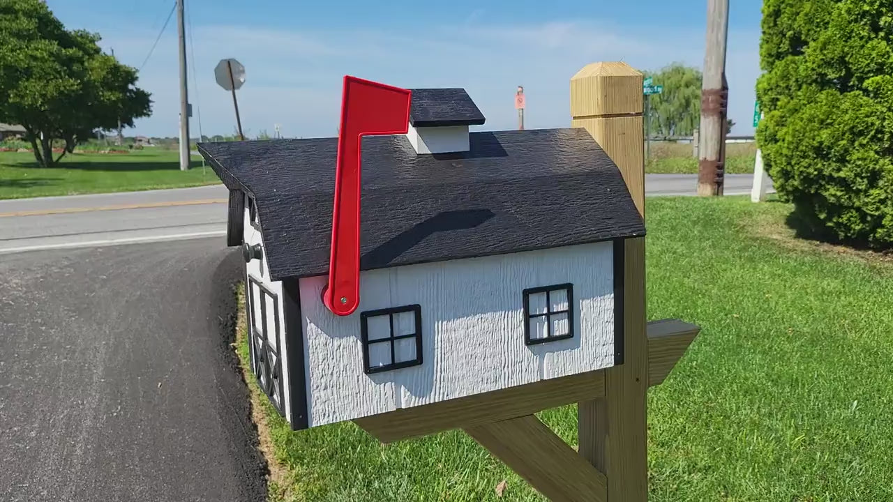 Dutch Barn Mailbox Amish Handmade, Choose Your Color, Wood Amish Mailbox With Red Flag Black Roof