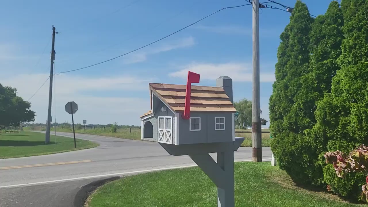 Barn Mailbox with Newspaper Holder Amish Handmade. Wooden Mailbox With Cedar Shake Roof and a Tall Prominent Sturdy Flag