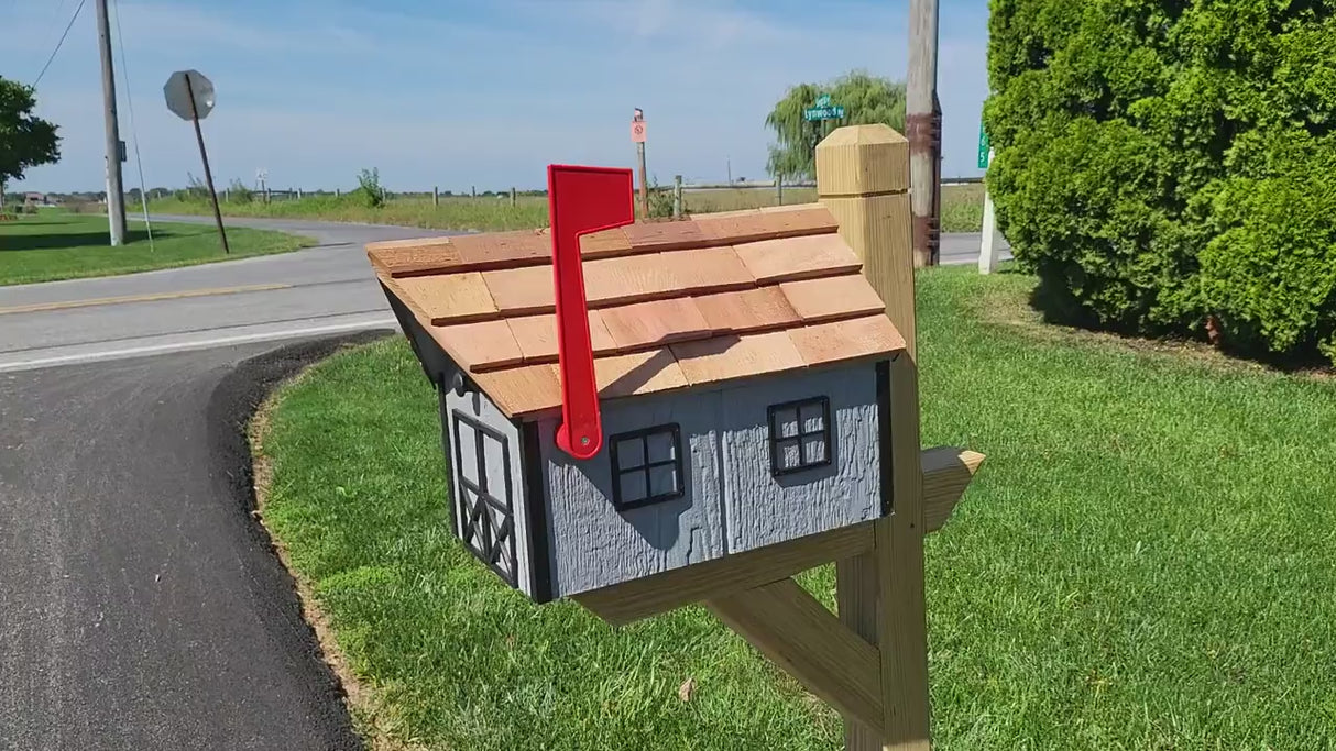 Amish Mailbox Dark Gray - Handmade - Wooden - Barn Style - With a Tall Prominent Sturdy Flag - With Cedar Shake Shingles Roof
