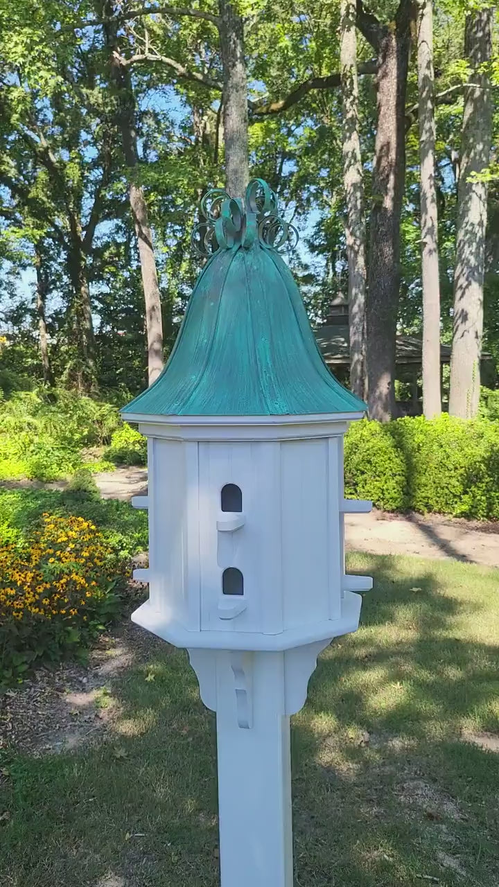 Bell Patina Copper Roof Bird House With Curly Copper Design, 8 Nesting Compartments, Extra Large Weather Resistant Birdhouse