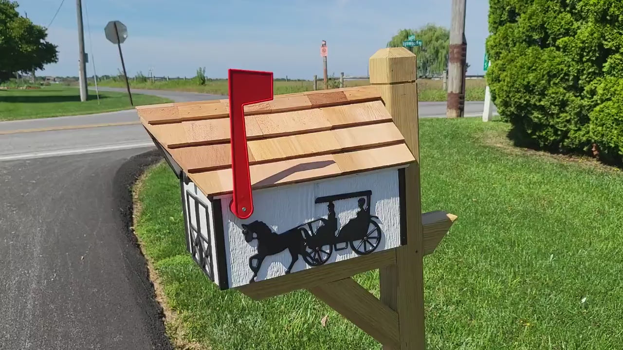 Amish Mailbox Horse and Carriage Design Handmade horse and Buggy Barn Style Wooden Mailbox With Tall Prominent Sturdy Flag and Cedar Roof