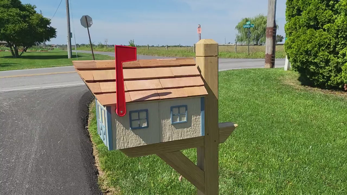Amish Beige Mailbox - Handmade - Wooden - Barn Style - With a Tall Prominent Sturdy Flag - With Cedar Shake Shingles Roof
