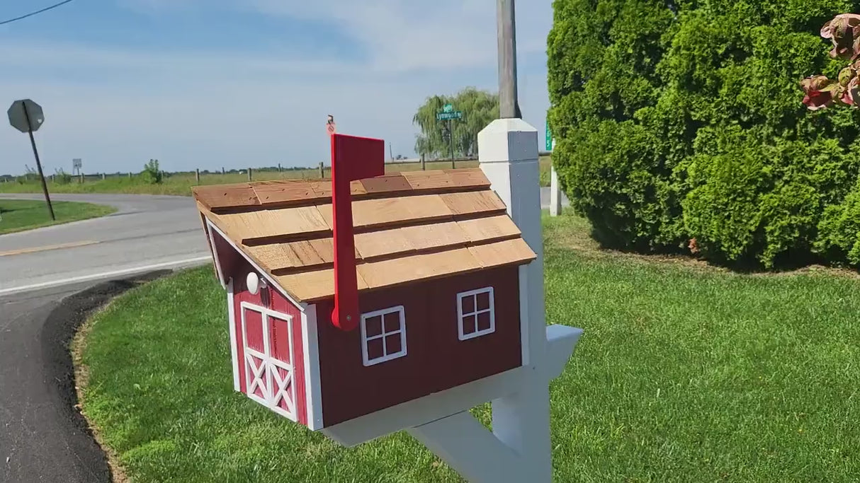 Amish Mailbox - Handmade - Barn Style - Wooden - Tall Prominent Sturdy Flag - Cedar Shake Shingles Roof- Amish Outdoor Mailbox Color Options