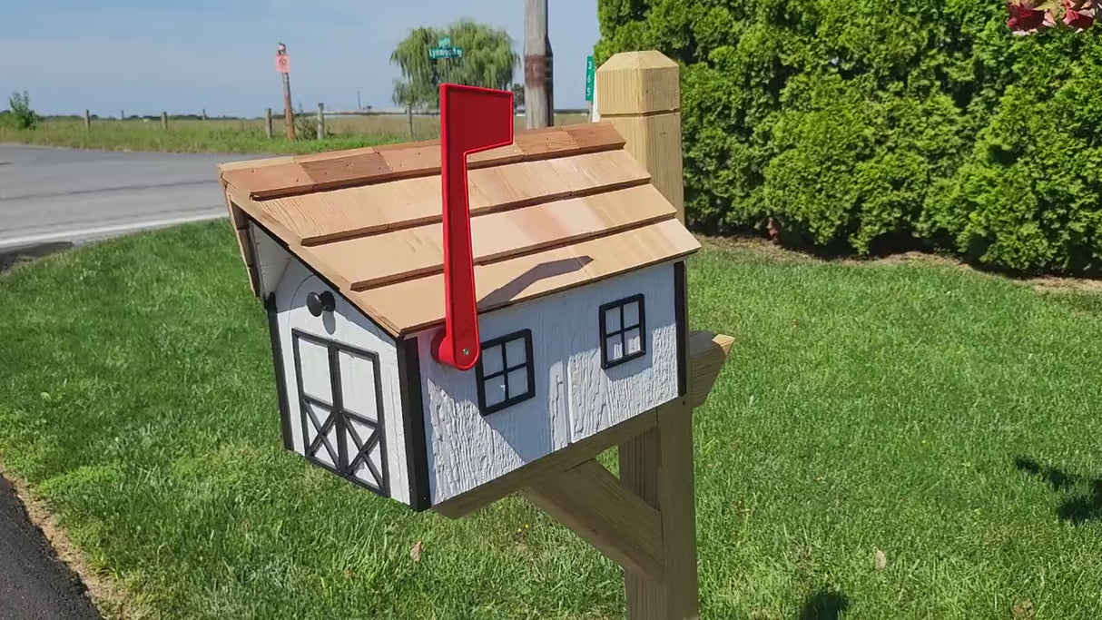 Amish White Mailbox - Handmade - Barn Style - Wooden - Tall Prominent Sturdy Flag - With Cedar Shake Shingles Roof