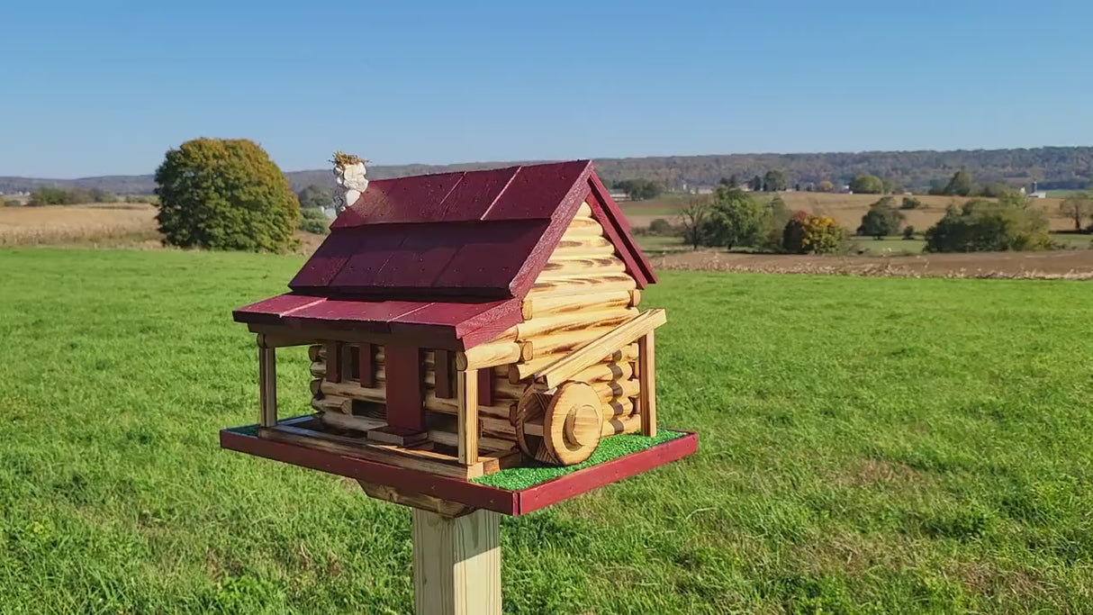 Log Cabin Bird Feeder, Amish Handmade, Waterwheel Decoration, Stone Chimney