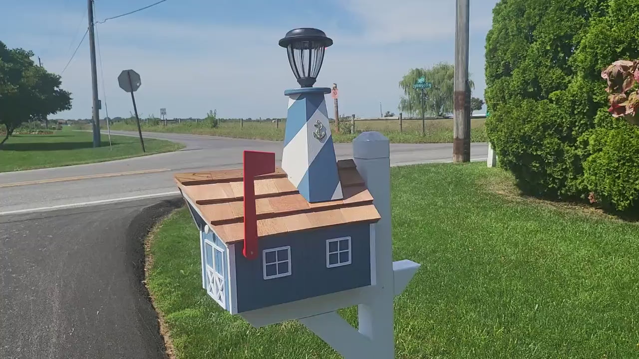 Amish Mailbox - Handmade - With Solar Lighthouse - Wooden - With Cedar Shake Shingles Roof - Color Options