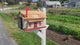 Mailbox + Post Set, White Stone House Mailbox, Amish Made + Custom Painted Post, With USPS Approved Metal Insert, Red Trim