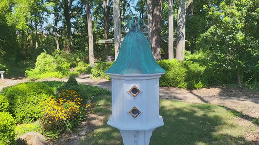 Bell Patina Copper Roof Bird House With Curly Copper Design, 8 Nesting Compartments, Extra Large Weather Resistant Birdhouse