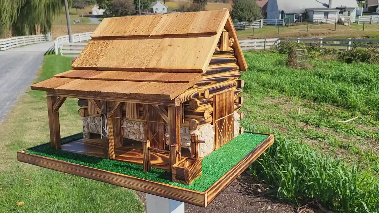 Western Bird Feeder Amish Handmade Large, Cedar Roof, Yellow Pine and White Stones