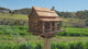 Log Cabin Bird Feeder, Amish Handmade, Cedar Roof, Yellow Pine, and Stone Chimney