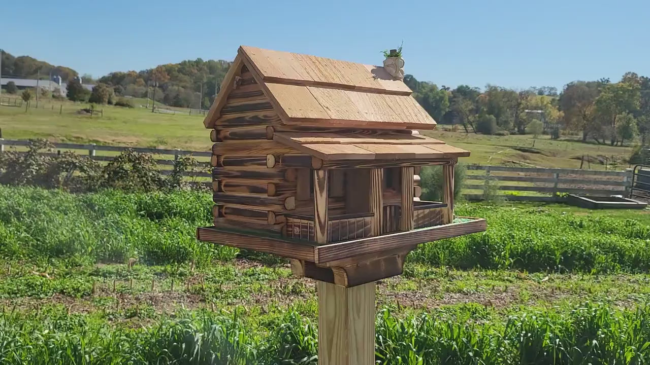 Log Cabin Bird Feeder, Amish Handmade, Cedar Roof, Yellow Pine, and Stone Chimney