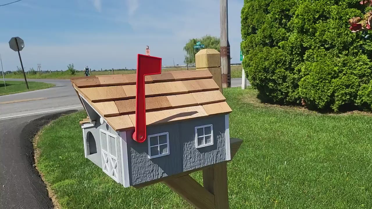 Newspaper Mailbox Amish Handmade. Wooden Mailbox With Cedar Shake Roof and a Tall Prominent Sturdy Flag