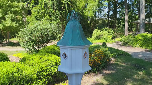 Bell Patina Copper Roof Bird House With Curly Patina Copper Design, 4 Nesting Compartments, Extra Large Weather Resistant Birdhouse