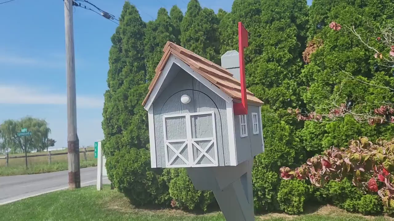 Amish Mailbox Gray - Handmade - Wooden - Barn Style - Gray - With a Tall Prominent Sturdy Flag - With Cedar Shake Shingles Roof