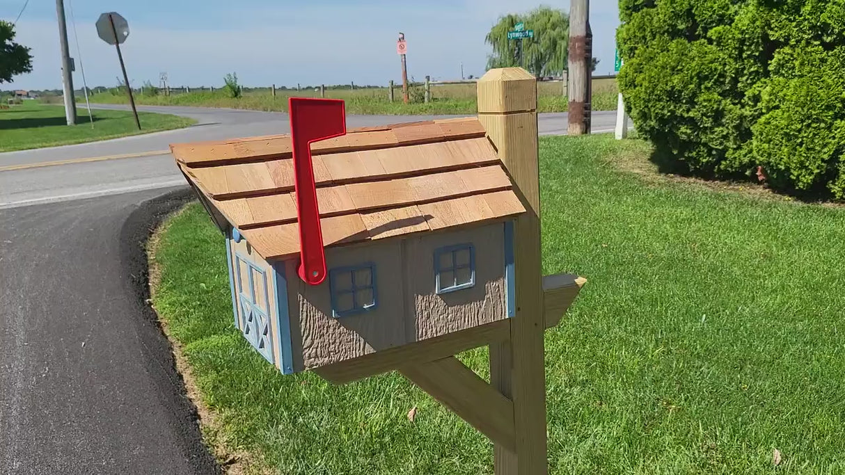 Mailbox - Amish Handmade - Wooden - Clay - Barn Style - With Tall Prominent Flag - With Cedar Shake Shingles Roof - Mailboxes - Outdoor