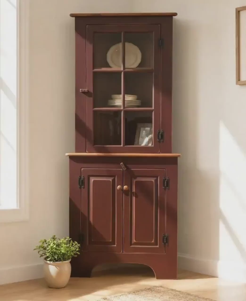 Amish Handmade Glass Corner Cabinet - Multipurpose Cabinet - Farmhouse - Primitive Cabinet - Corner Cupboard - Amish Bookcase - Case Goods