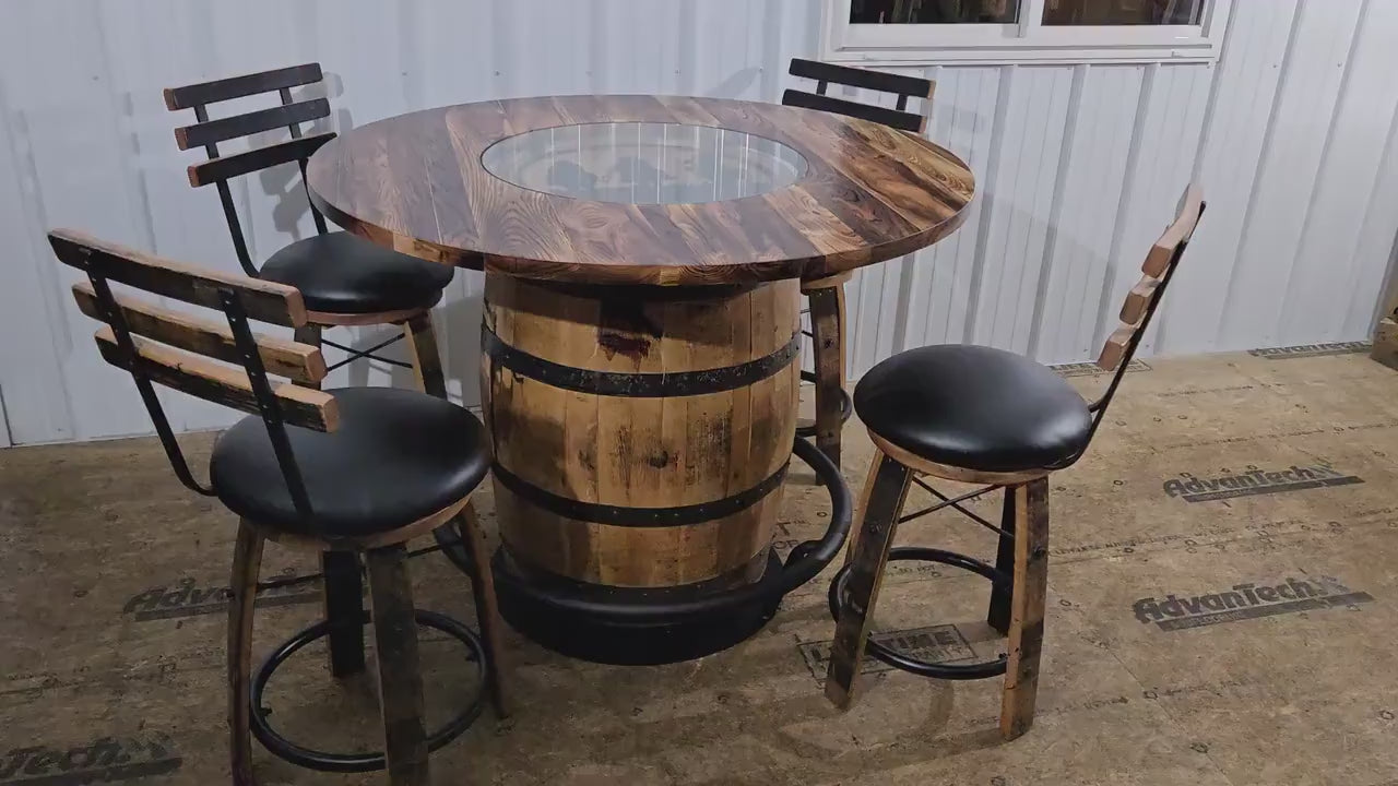 Barrel Bar Table - Amish Handmade - Counter Table - Bar Chairs - Farmhouse Furniture - Swivel Chairs - Cushion Seat - Whiskey Barrel- Rustic