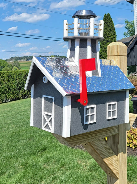 solar mailbox, lighthouse, Lighthouse mailbox, mailbox with lighthouse, unique mailboxes, large mailbox