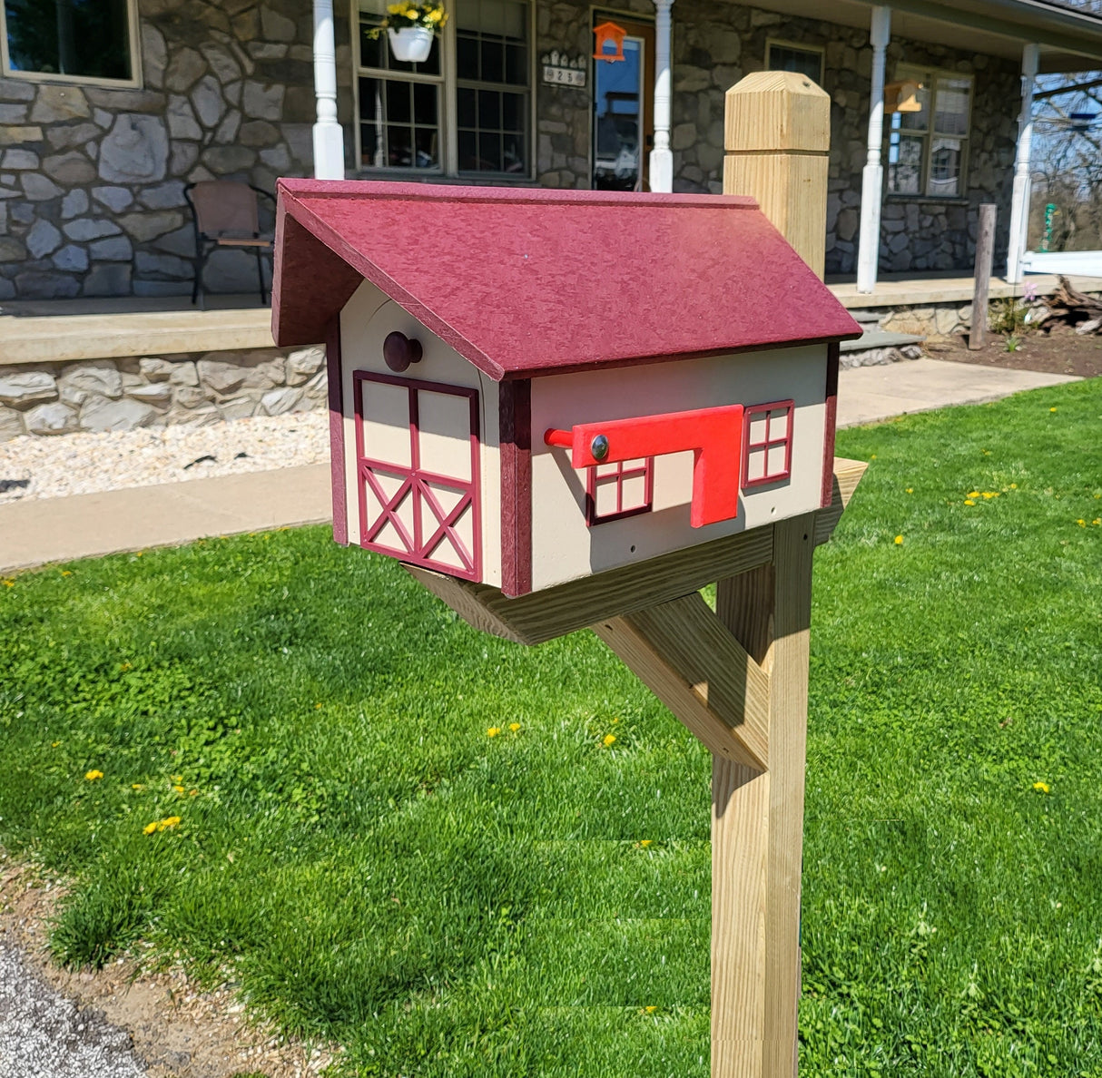 Farmhouse Mailbox - Cherry Roof and Trim, Ivory Box - Amish Barn Mailbox Poly Lumber Handmade - Barn Mailboxes Poly