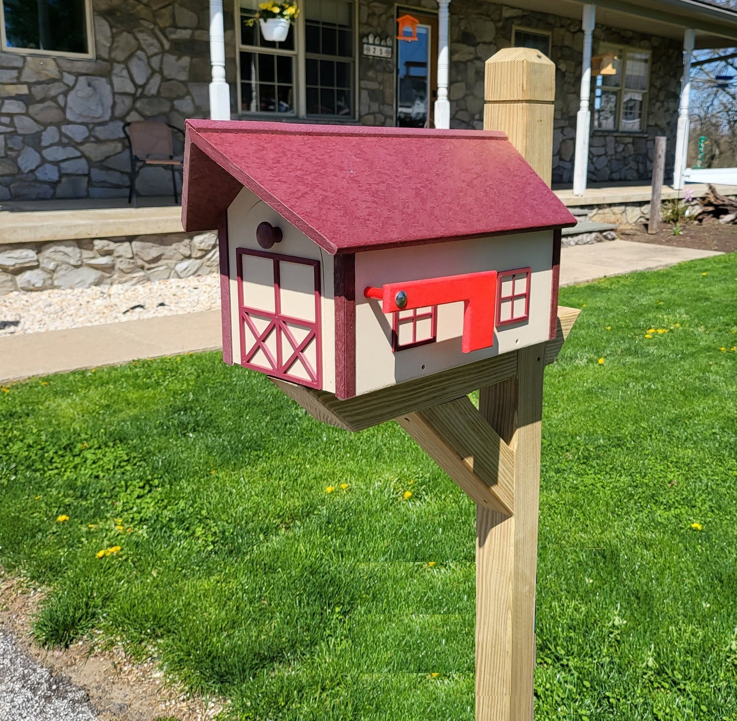 Farmhouse Mailbox - Cherry Roof and Trim, Ivory Box - Amish Barn Mailbox Poly Lumber Handmade - Barn Mailboxes Poly