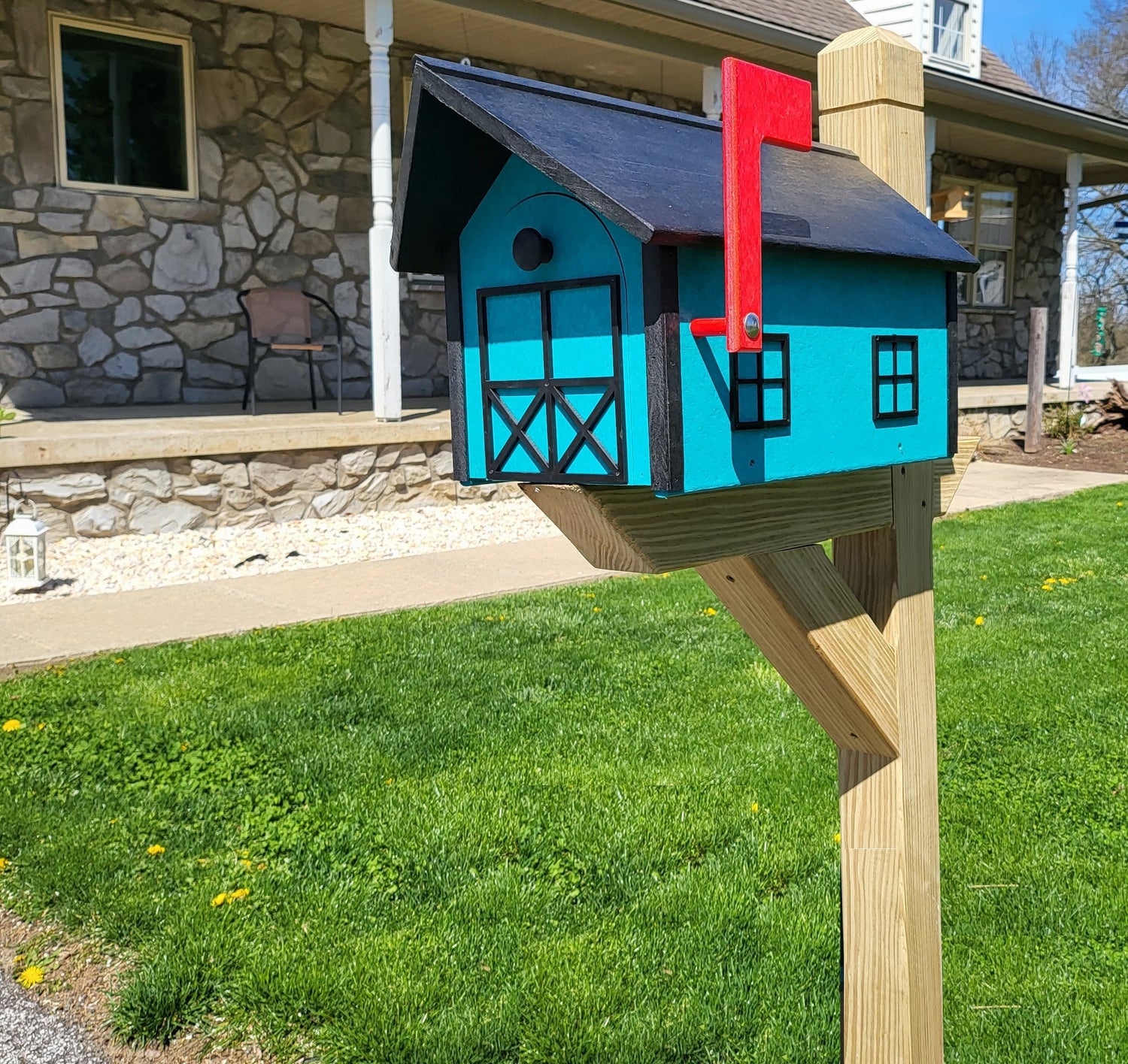 Country Barn Mailbox Teal Box, Black Box and Trim, Amish Handmade Mailbox Poly Lumber Weather Resistant - Barn Mailboxes Poly