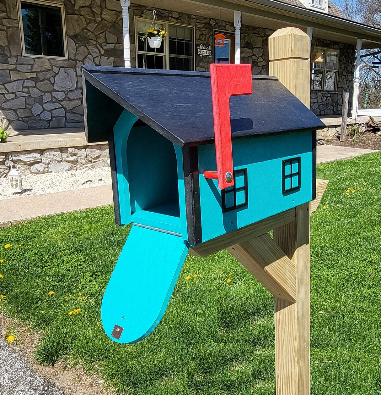 Country Barn Mailbox Teal Box, Black Box and Trim, Amish Handmade Mailbox Poly Lumber Weather Resistant - Barn Mailboxes Poly