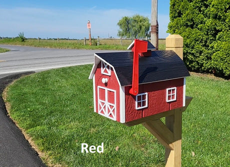 Barn Mailbox Amish Handmade, Dutch Barn Style, Choose Your Color, Wooden Amish Mailbox With Red Flag Black Roof - Dutch Barn