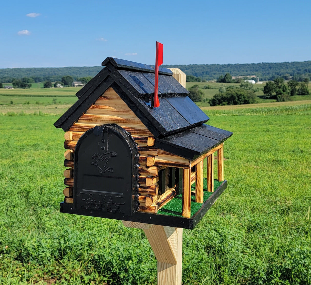Amish Mailbox - Handmade - Log Cabin Style - Wooden with Metal USPS Approved Mailbox Outdoor - Log Cabin + Metal Insert