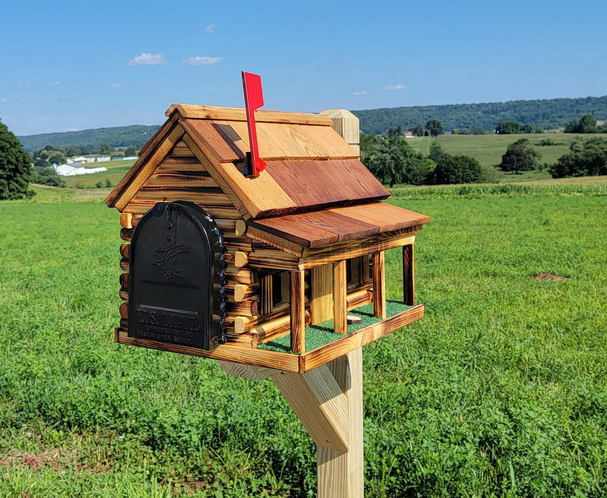 Amish Mailbox - Handmade - Log Cabin Style - Wooden with Metal USPS Approved Mailbox Outdoor - Log Cabin + Metal Insert