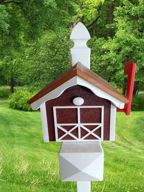 Amish Mailbox - Handmade - With White Trim Under Roof - Poly Lumber - Cedar Roof, Red Box, White Trim - Add Your Mailbox Number (optional) - Barn Mailboxes Poly
