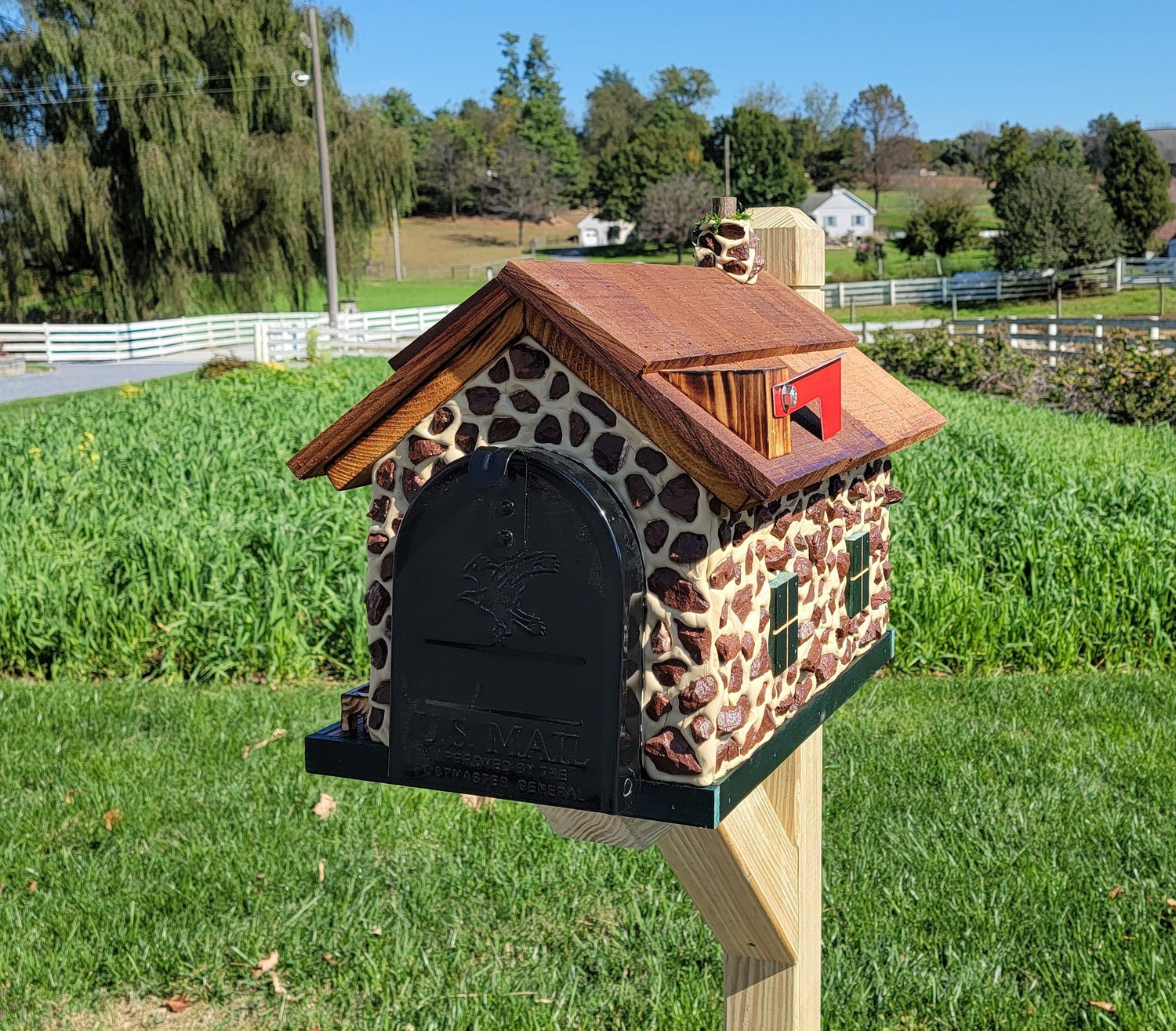 Red Stone House Mailbox, Amish Made Wooden With Cedar Shake Roof and USPS Approved Metal Insert - Barn Mailboxes Stone