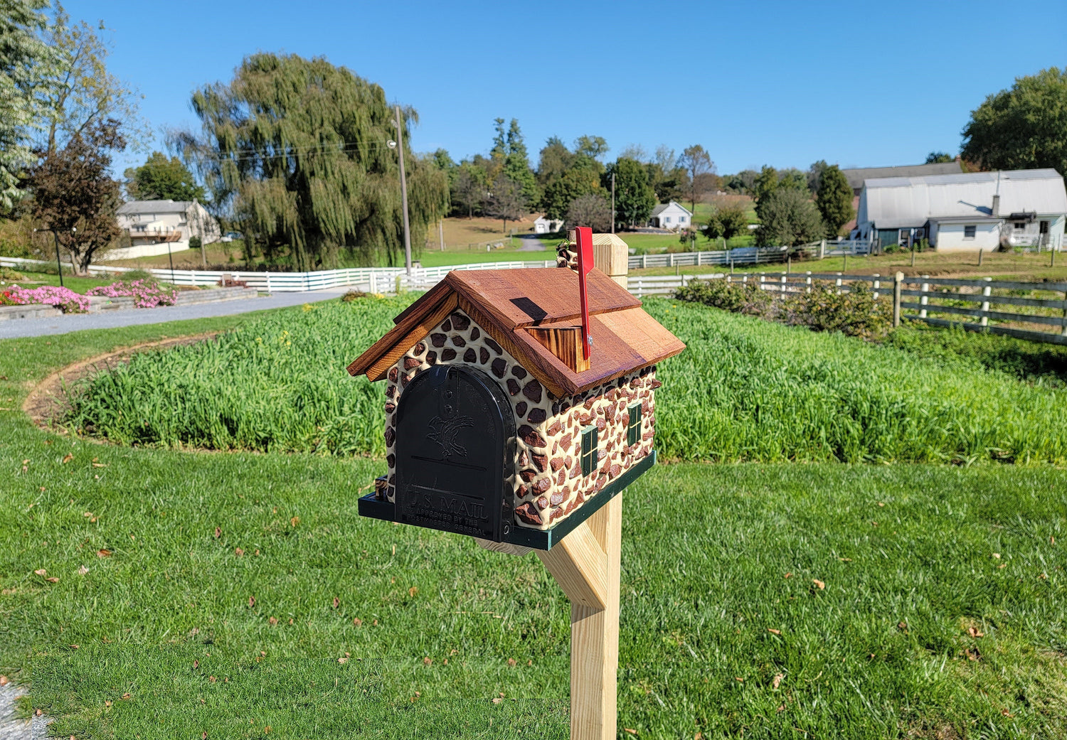 Red Stone House Mailbox, Amish Made Wooden With Cedar Shake Roof and USPS Approved Metal Insert - Barn Mailboxes Stone
