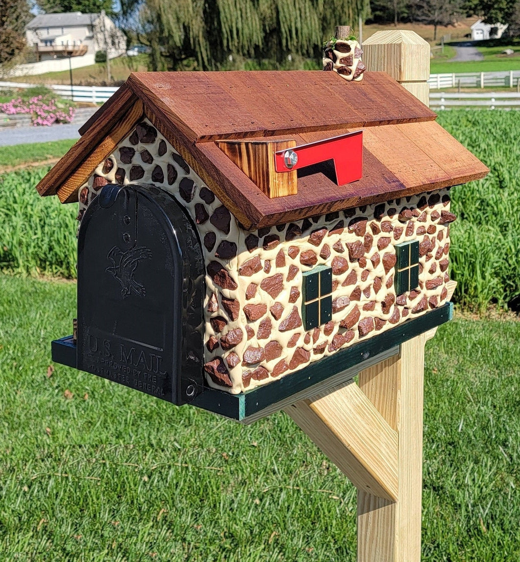 Red Stone House Mailbox, Amish Made Wooden With Cedar Shake Roof and USPS Approved Metal Insert - Barn Mailboxes Stone