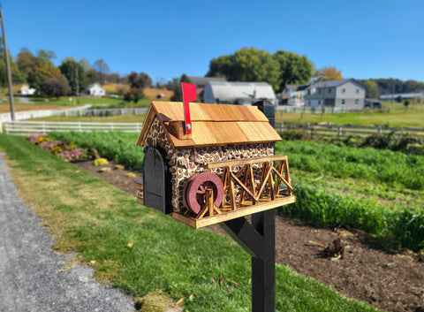 Mailbox + Post Set, Old Stone Waterwheel Mailbox, Amish Made, With Custom Painted Post. Red Stones Mailbox With USPS Approved Metal Insert.