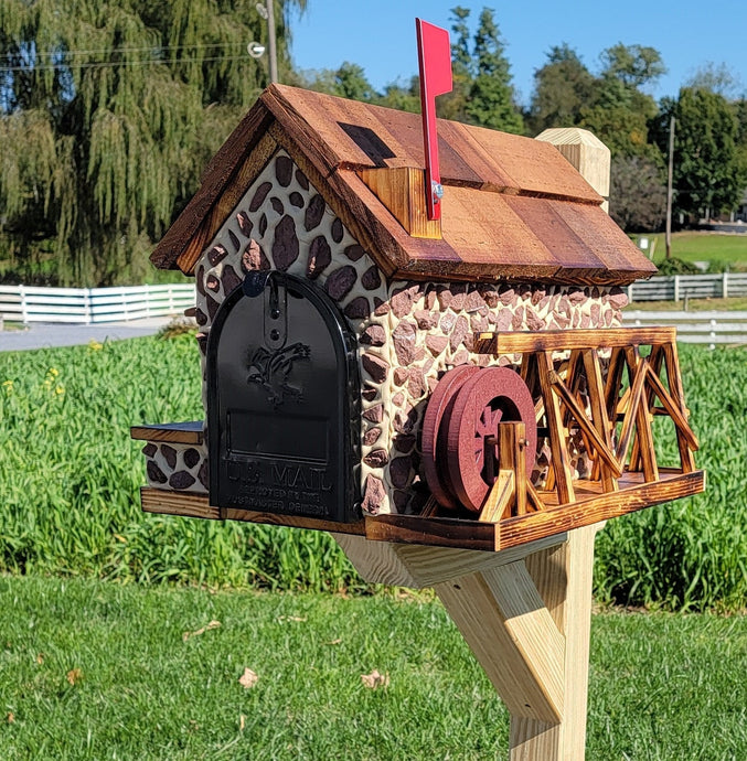 Waterwheel Mailbox, Amish Made Wooden With Red Stones Cover, Cedar Shake Roof, Decorative Waterwheel, and USPS Approved Metal Insert. - Barn Mailboxes Stone