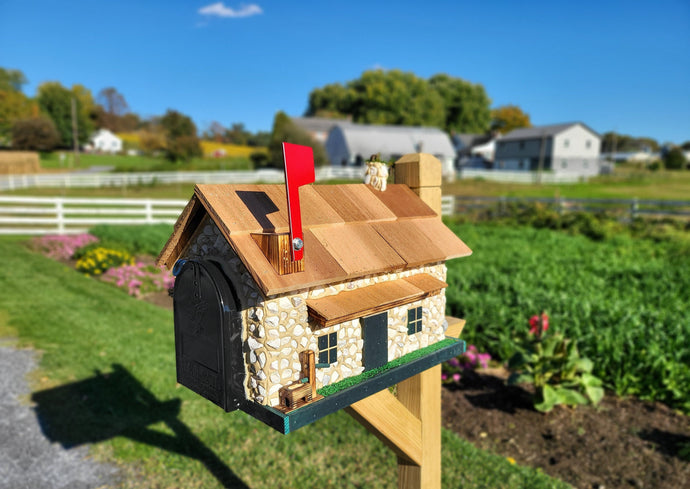 White Stone House Mailbox, Amish Made Wooden With Cedar Shake Roof and USPS Approved Metal Insert, Green Trim - Barn Mailboxes Stone