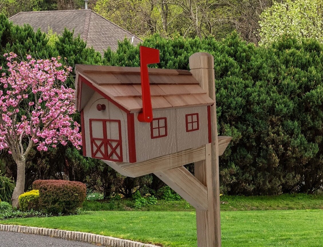 Amish Barn - Mailbox - Handmade - Wooden - Clay - Barn Style - With a Tall Prominent Sturdy Flag - Unique - Painted - Mail box - Country - Barn Mailboxes Wood