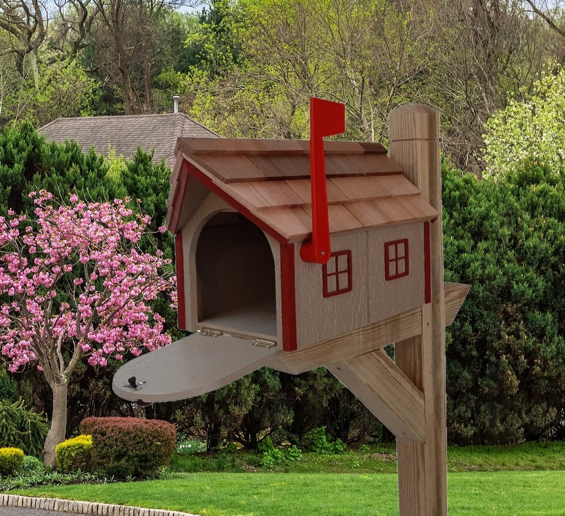 Amish Barn - Mailbox - Handmade - Wooden - Clay - Barn Style - With a Tall Prominent Sturdy Flag - Unique - Painted - Mail box - Country - Barn Mailboxes Wood