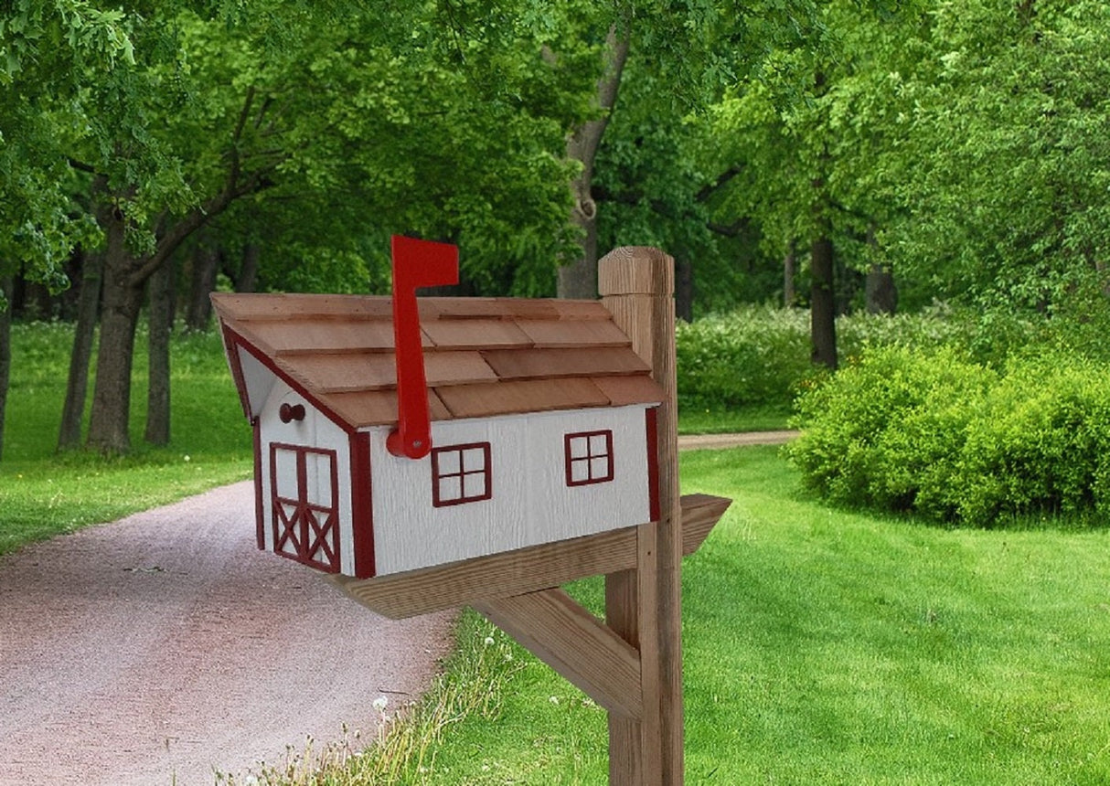 Amish White Mailbox - Handmade - Barn Style - Wooden - Tall Prominent Sturdy Flag - With Cedar Shake Shingles Roof - Barn Mailboxes Wood