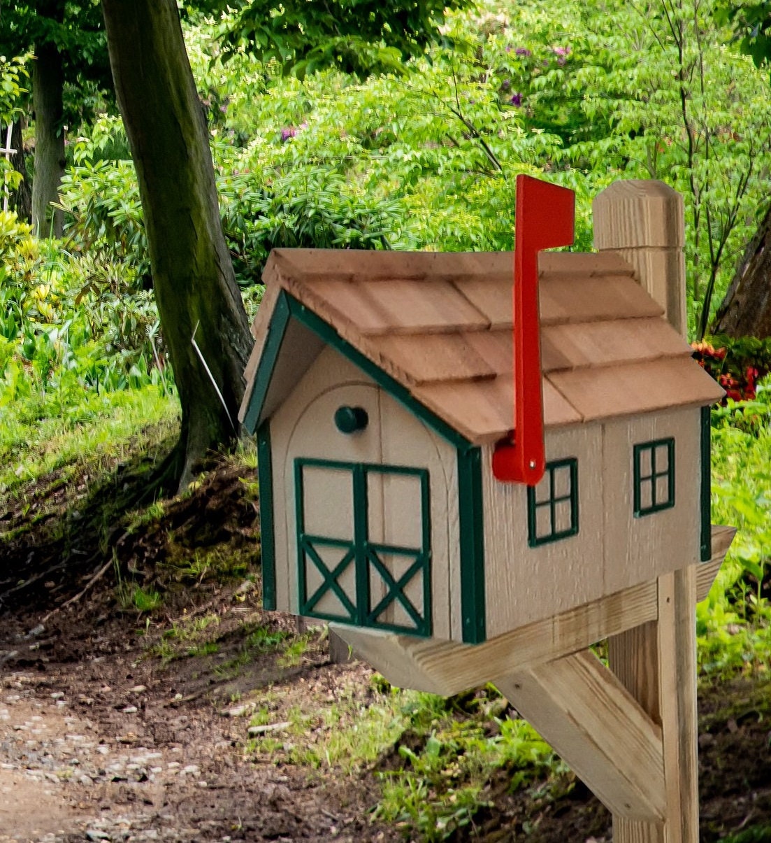 Barn Mailbox - Handmade - Wooden - Rustic - Clay - Amish - With a Tall Prominent Sturdy Flag -  Rural - Cedar - Mailbox - on - post - Barn Mailboxes Wood