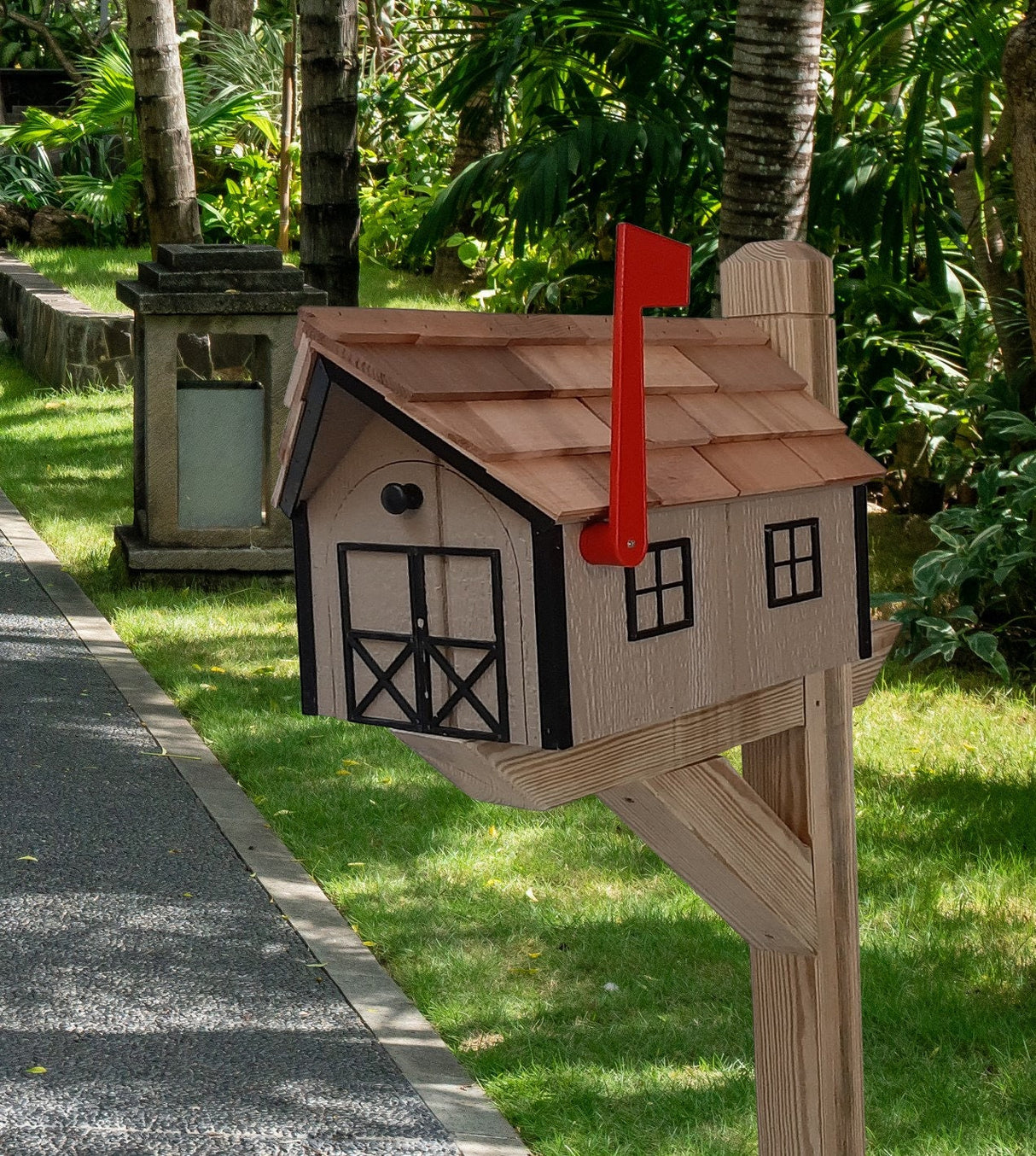 Barn Mailbox - Handmade - Wooden - Rustic - Clay - Amish - With a Tall Prominent Sturdy Flag -  Rural - Cedar - Mailbox - on - post - Barn Mailboxes Wood