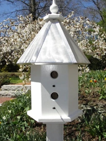 Bird House - 4 Nesting Compartments - Handmade - Weather Resistant - Wooden - Burnished Aluminum Roof - Birdhouse Outdoor -Post Not Included